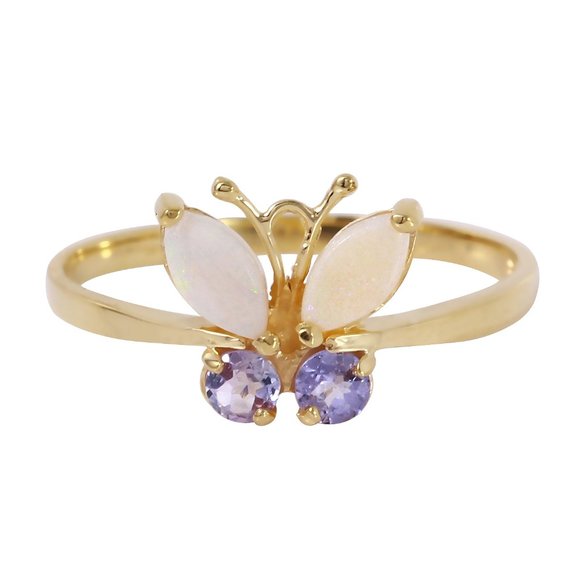 14K. GOLD BUTTERFLY RING WITH OPALS & TANZANITES